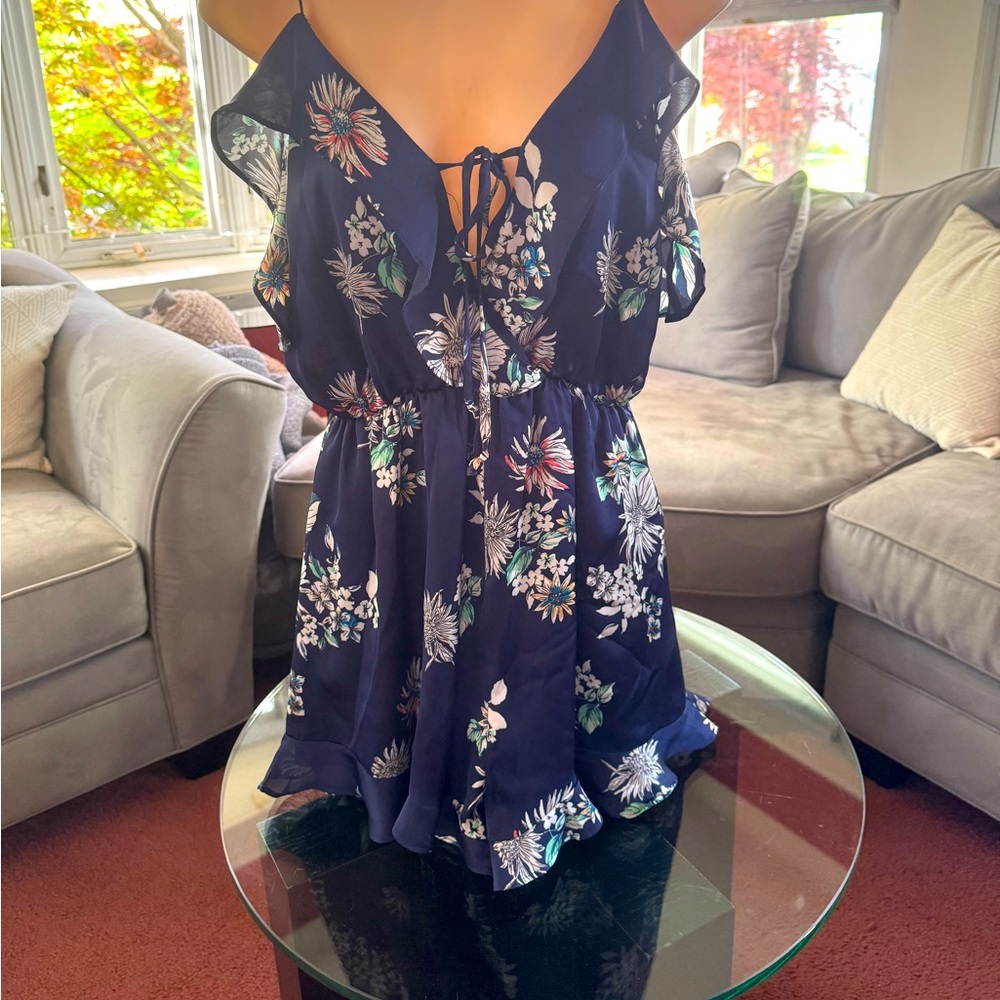 LUSH Spaghetti Strap Navy Floral Romper - Large